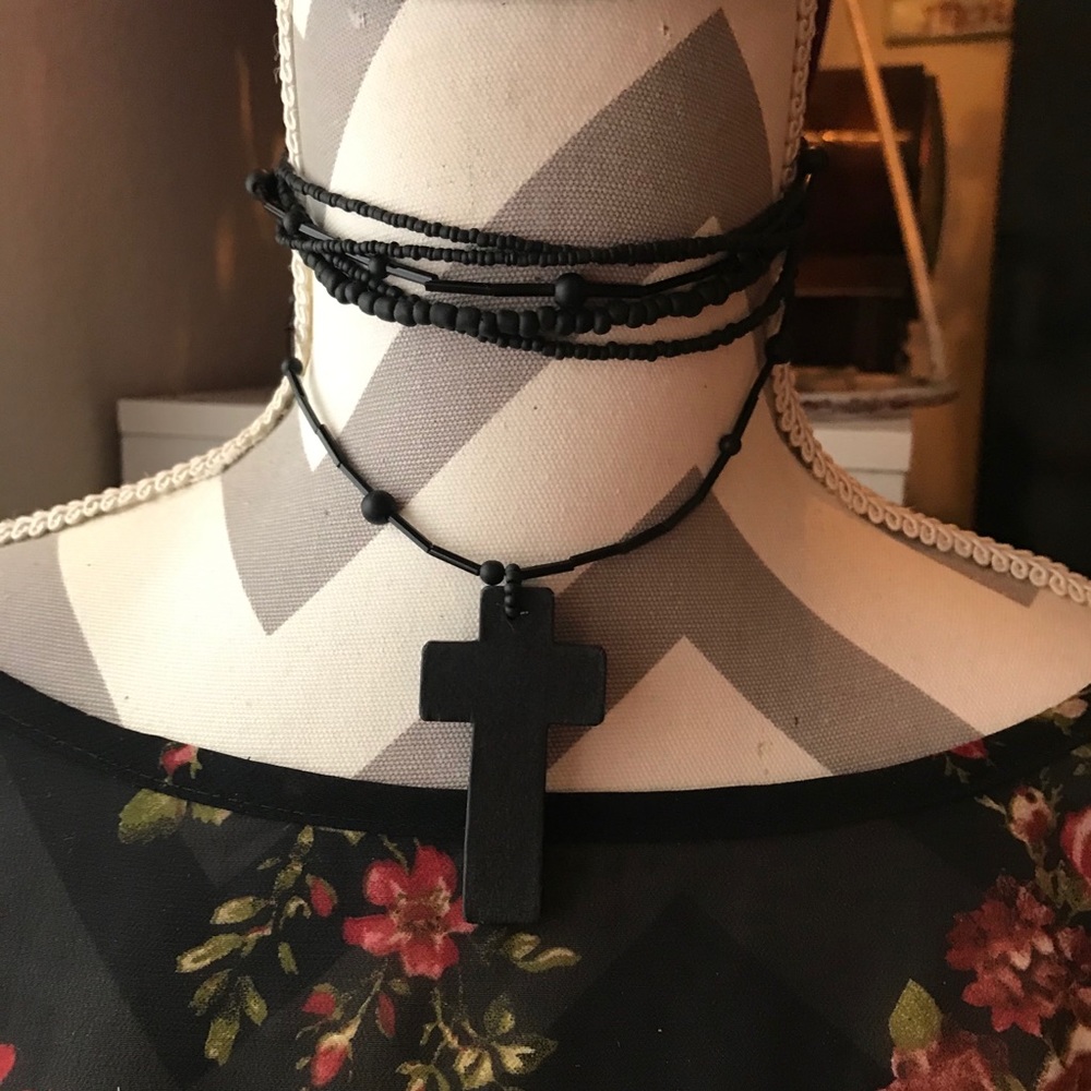 Multiple Strand Black Cross Choker Necklace
